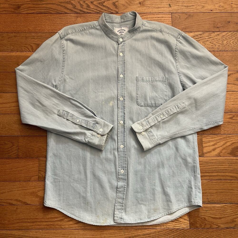 Portuguese Flannel Denim Light Wash Collarless Button Up Shirt XL